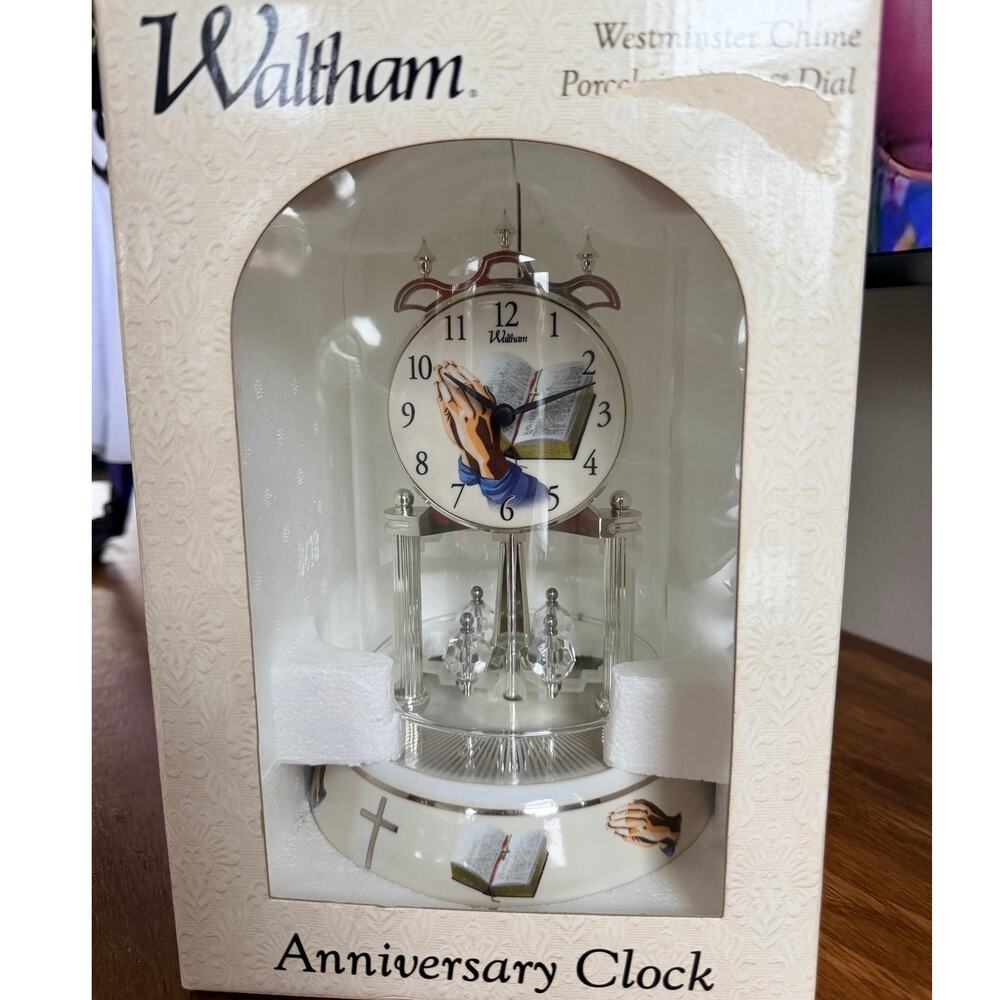 Vintage Waltham Praying Hands Anniversary Clock Westminster Chime Glass Dome